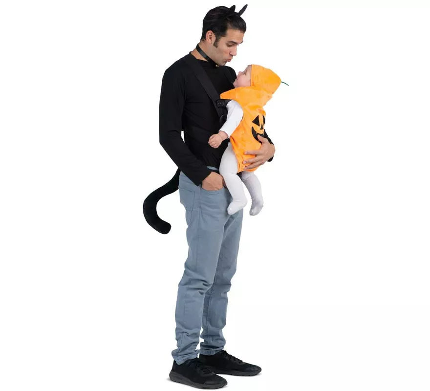 Disfraz de Gato y Calabaza con cubremochila para adulto y bebé