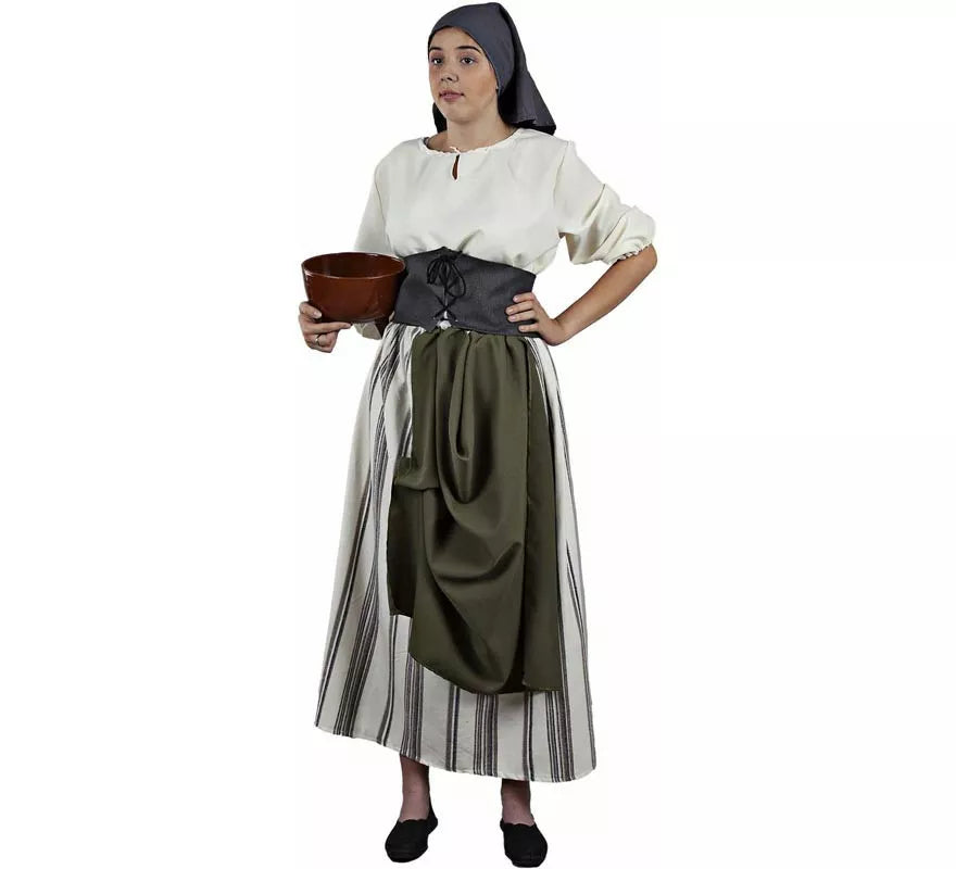 Translation missing: en.Disfraz de Granjera Medieval verde y blanco para mujer