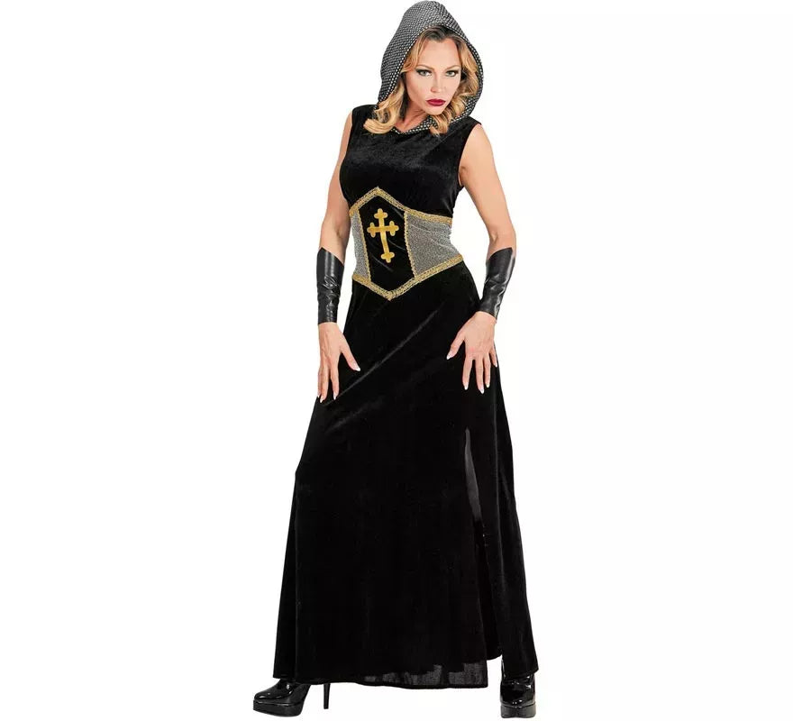 Disfraz de Guerrera Medieval negro con capucha para mujer