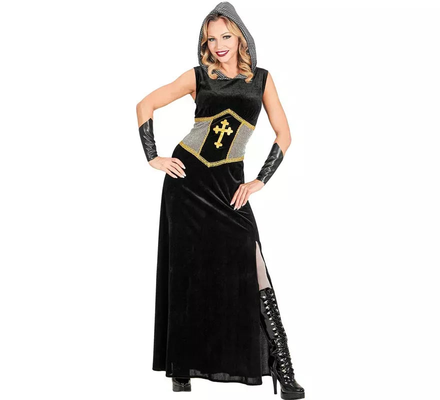 Disfraz de Guerrera Medieval negro con capucha para mujer