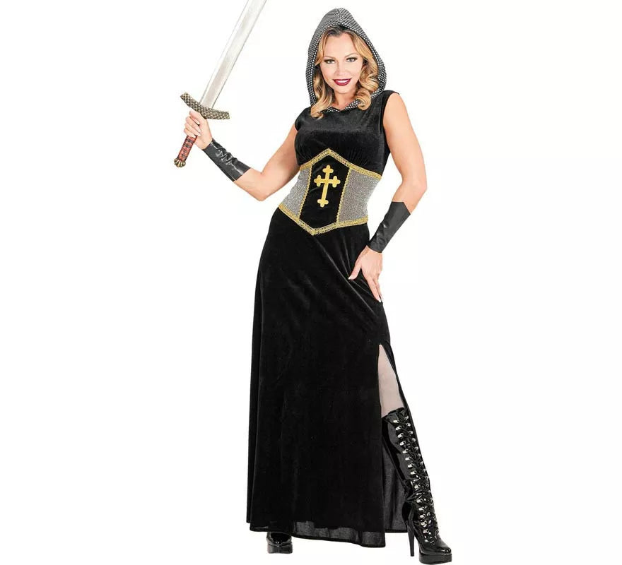 Disfraz de Guerrera Medieval negro con capucha para mujer