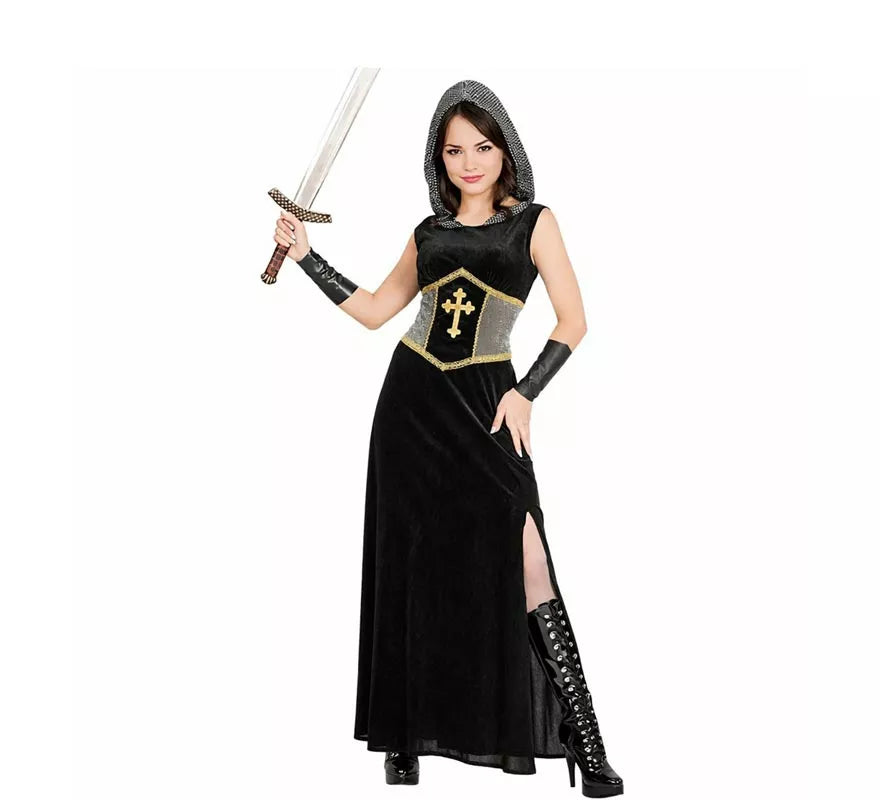 Disfraz de Guerrera Medieval negro con capucha para mujer