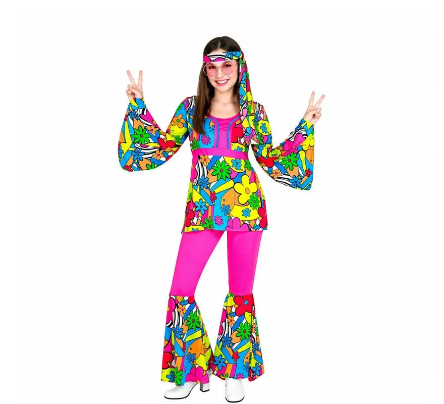 Disfraz de Hippie años 60 Flores de caricatura para mujer