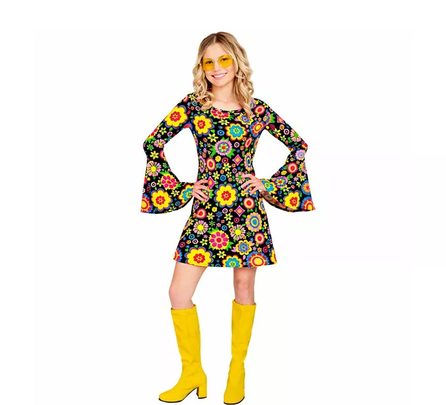 Disfraz de Hippie años 60 Flores Fashion para mujer