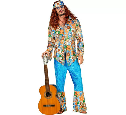 Disfraz de Hippie azul de terciopelo para hombre