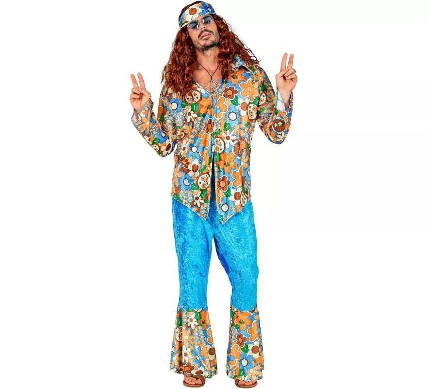 Disfraz de Hippie azul de terciopelo para hombre