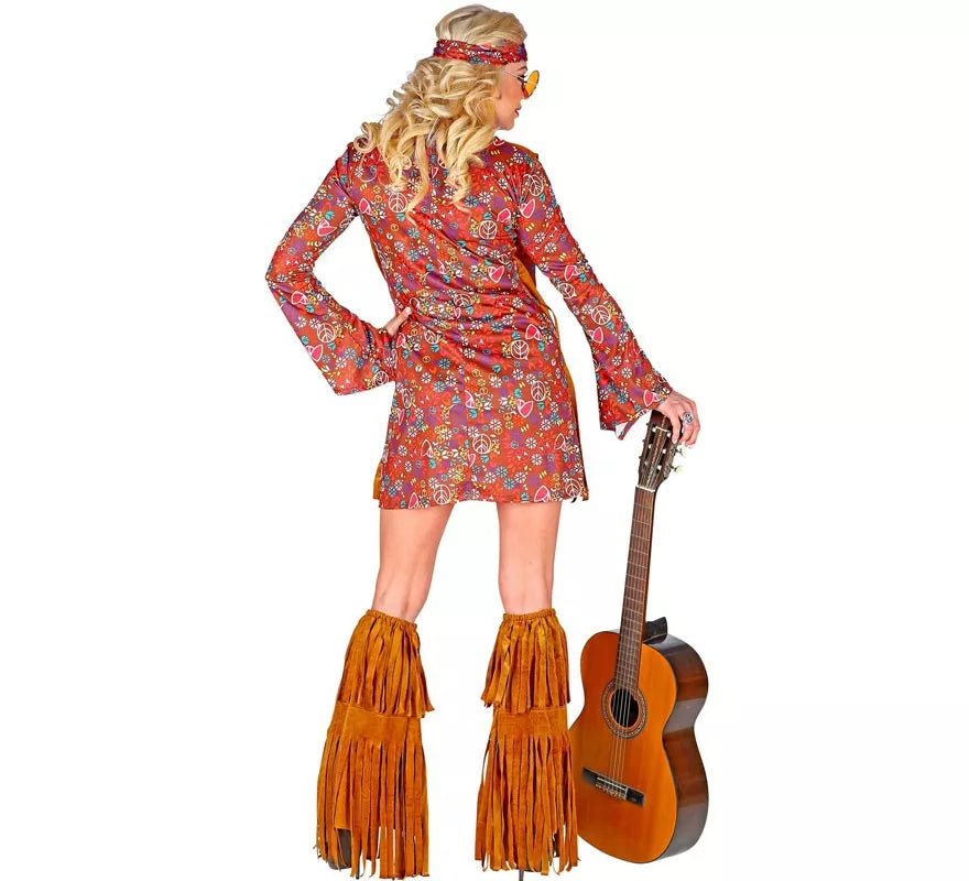 Disfraz de Hippie con cubrebotas y flecos para mujer