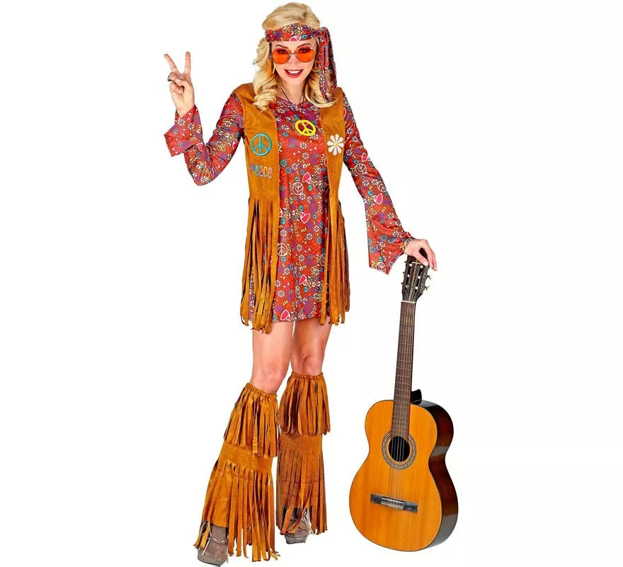 Disfraz de Hippie con cubrebotas y flecos para mujer