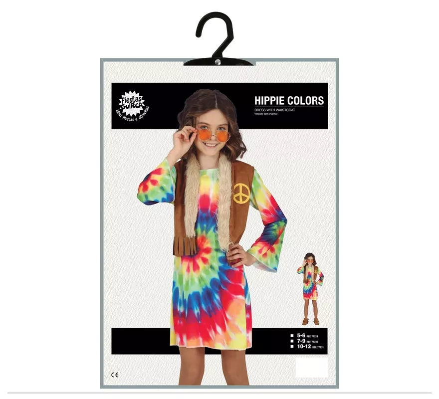 Disfraz de Hippie con vestido multicolor para niña