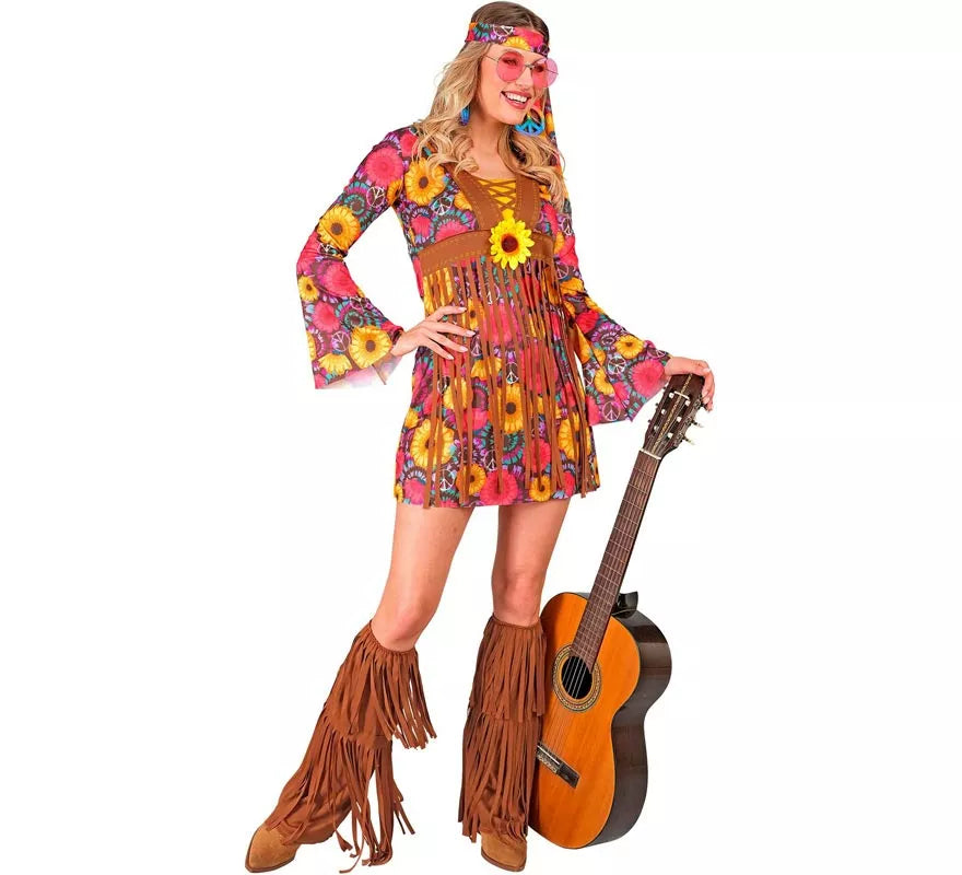Disfraz de Hippie floral con flecos para mujer