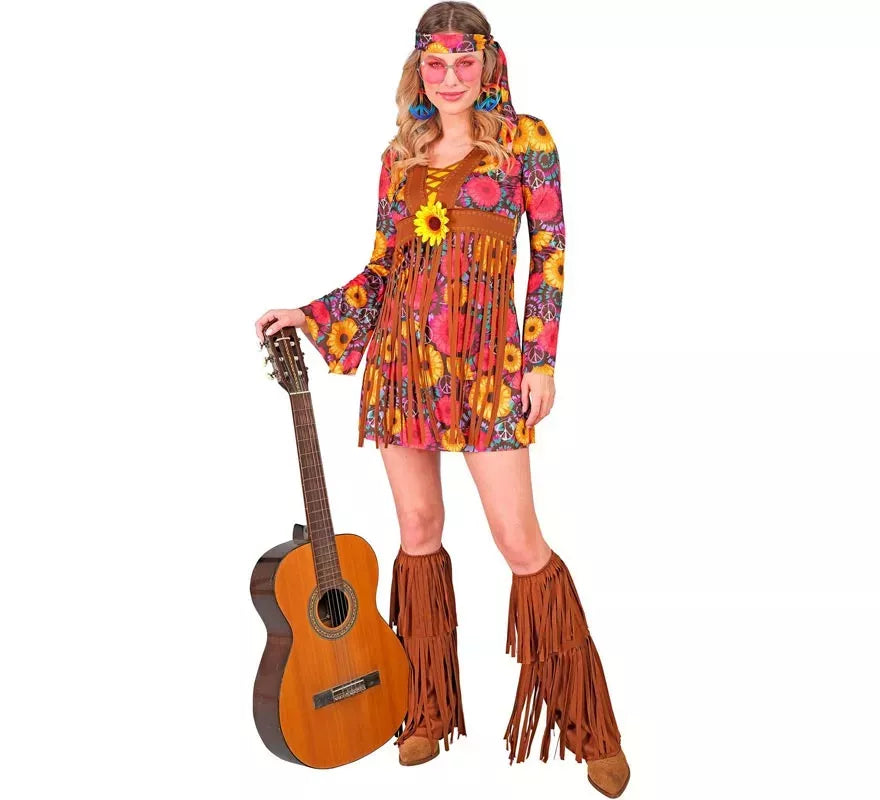 Disfraz de Hippie floral con flecos para mujer
