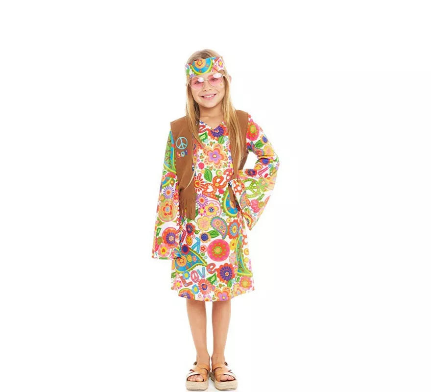 Disfraz de Hippie Flores con chaleco para niña