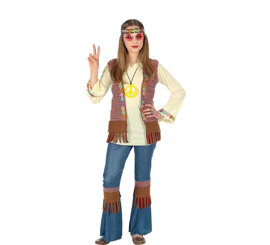 Translation missing: en.Disfraz de Hippie marrón con collar para niña y adolescente