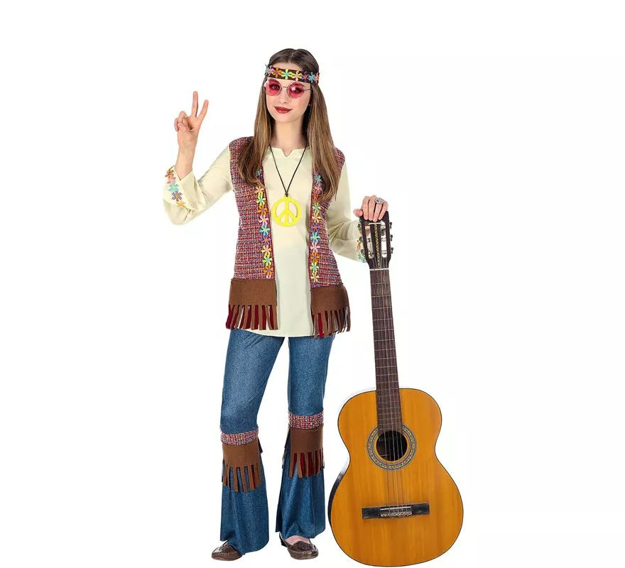 Disfraz de Hippie marrón con collar para niña y adolescente