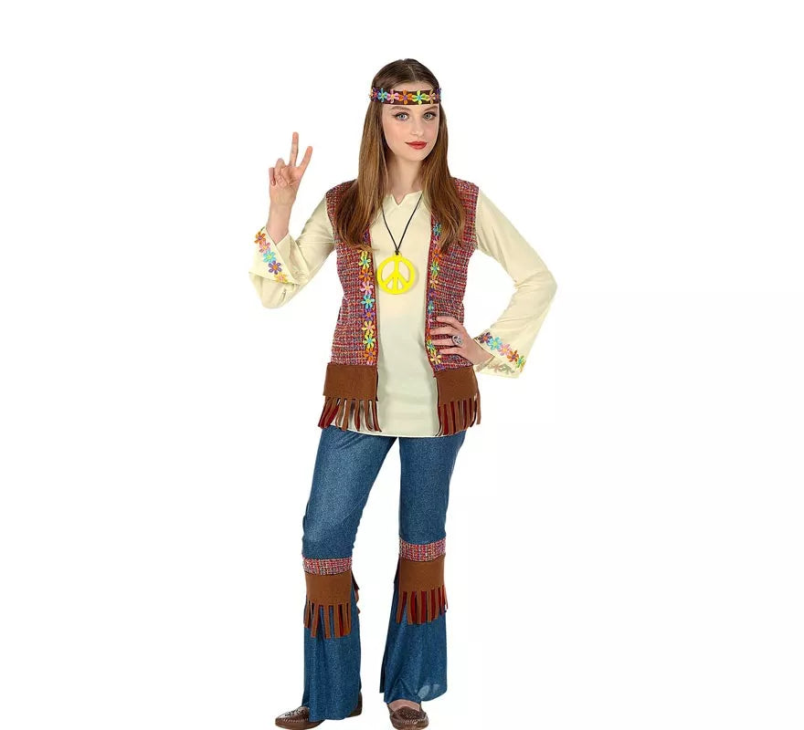 Disfraz de Hippie marrón con collar para niña y adolescente