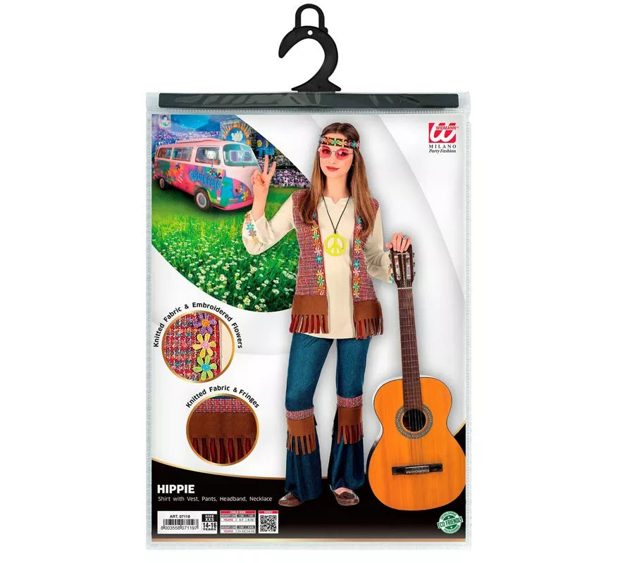Translation missing: en.Disfraz de Hippie marrón con collar para niña y adolescente
