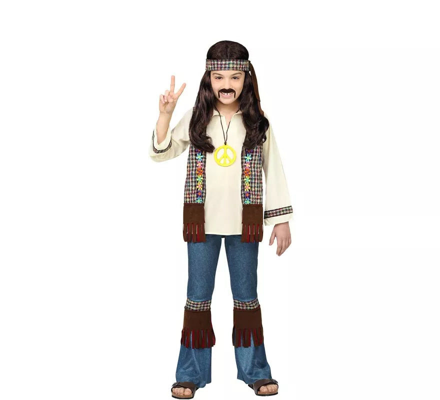 Disfraz de Hippie marrón con collar para niño y adolescente