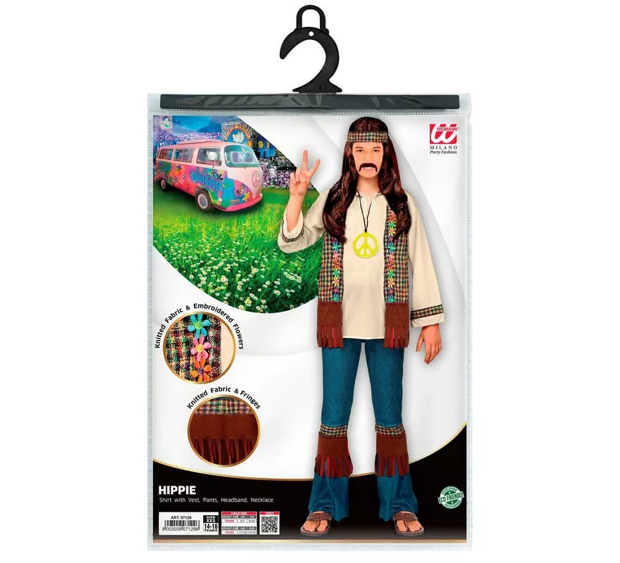 Disfraz de Hippie marrón con collar para niño y adolescente