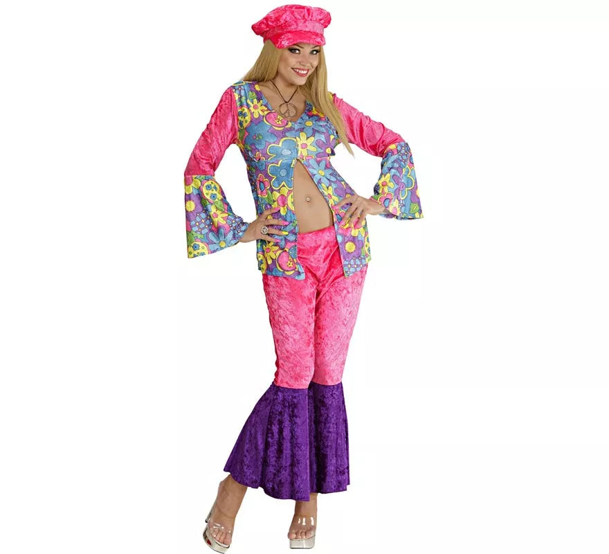 Disfraz de Hippie rosa de terciopelo para mujer