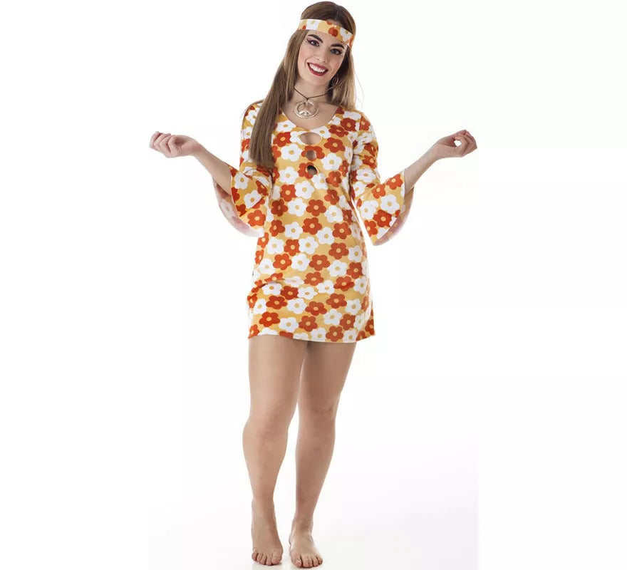 Disfraz de Hippie Vestido naranja con Flores para mujer