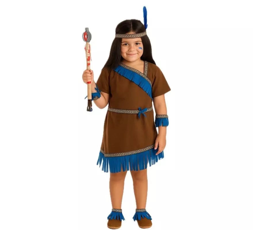 Disfraz de India Marrón con Flecos Azules para niña