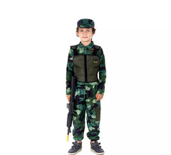 Green Camouflaged Military Costume with Cap for children
