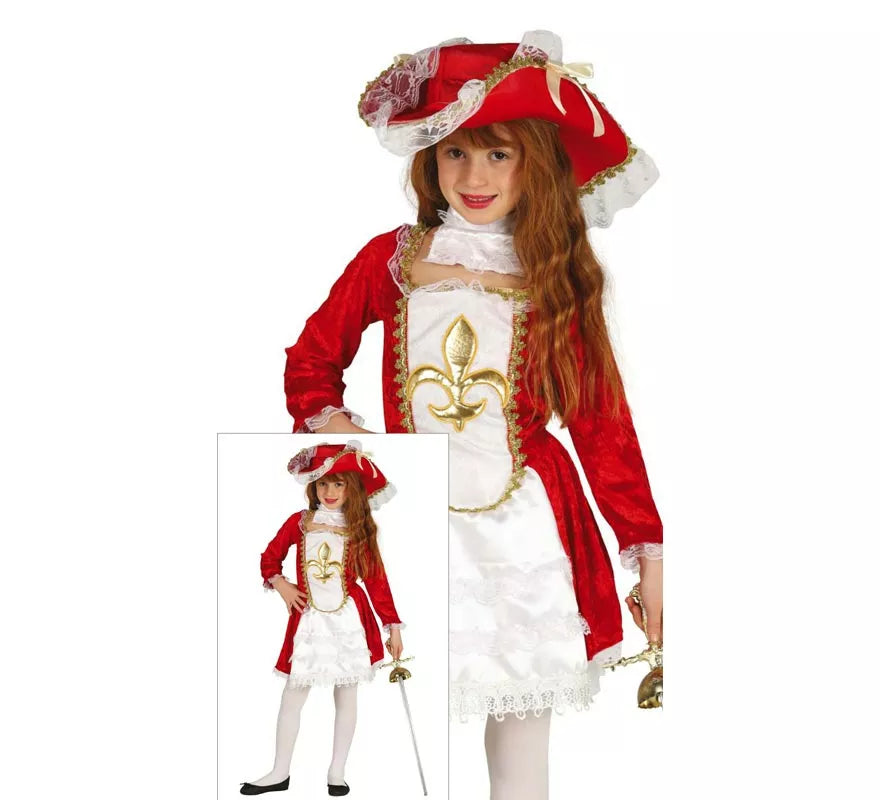Disfraz de Mosquetera roja Flor de Lis para niña