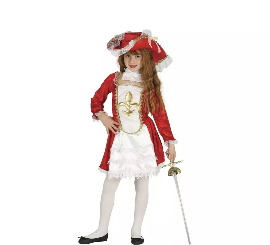 Disfraz de Mosquetera roja Flor de Lis para niña