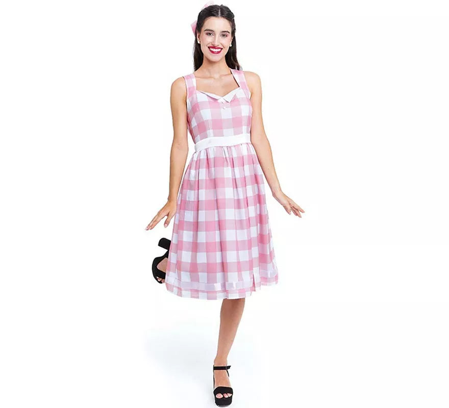 Disfraz de Muñeca a cuadros rosa y blanco para mujer