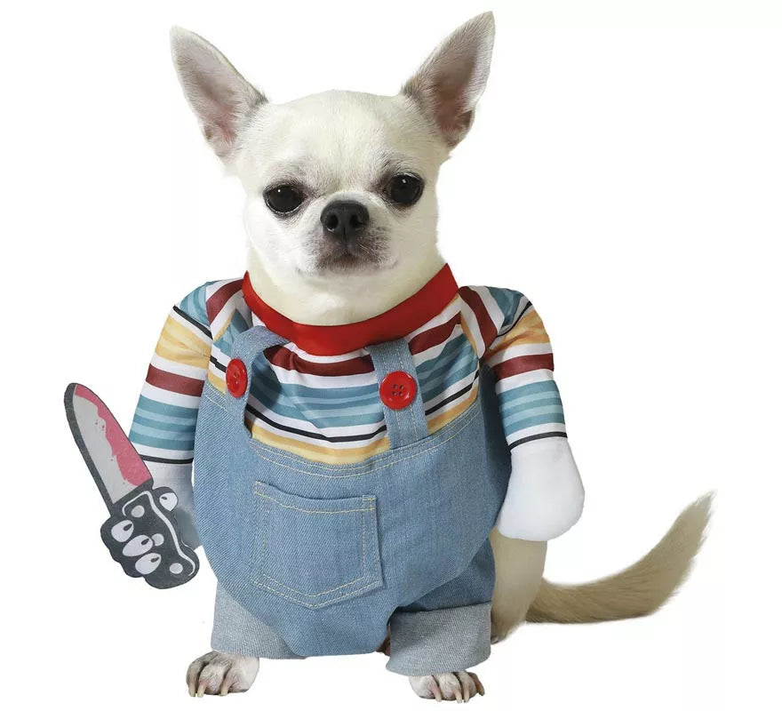 Translation missing: en.Disfraz de Muñeco Diabólico con brazos y cuchillo para perro