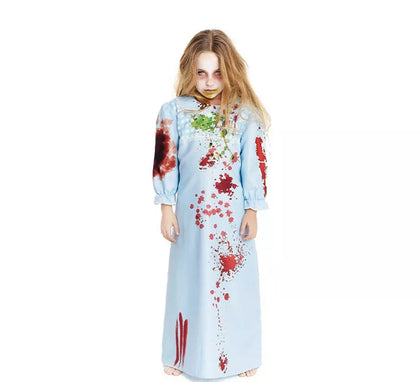 Disfraz de Niña Endemoniada en bata azul para niña y adolescente