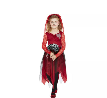 Disfraz de Novia Zombie rojo para niña