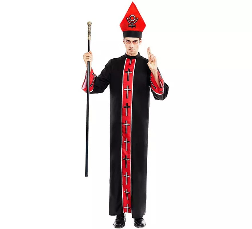 Disfraz de Obispo Satánico con estola negro y rojo para hombre