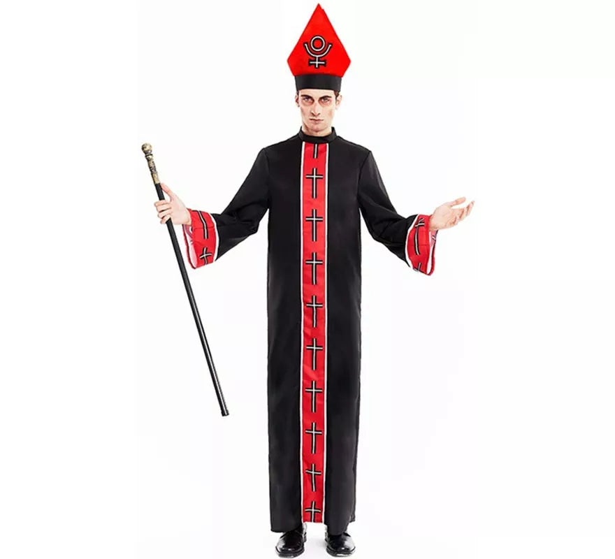 Disfraz de Obispo Satánico con estola negro y rojo para hombre