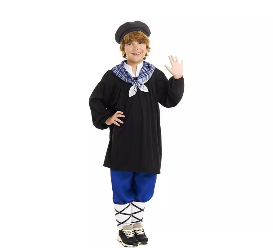Translation missing: en.Disfraz de Olentzero negro y azul con pañuelo para niño
