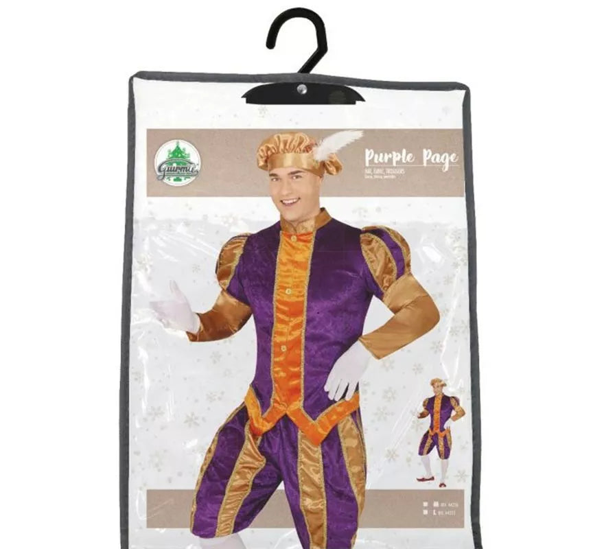 Translation missing: en.Disfraz de Paje morado y naranja con gorro para hombre