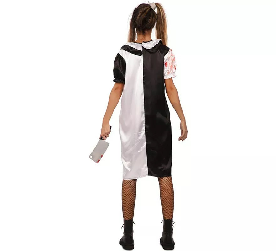 Disfraz de Payasa blanco y negro con sangre falsa para mujer