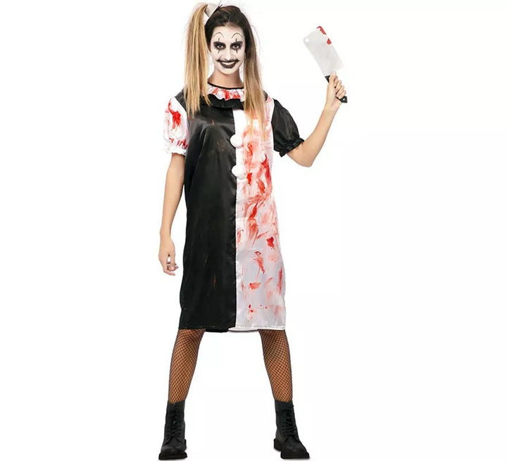 Disfraz de Payasa blanco y negro con sangre falsa para mujer