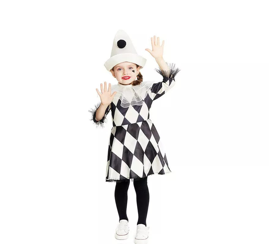 Disfraz de Payasa Pierrot rombos con sombrero para bebé y niña