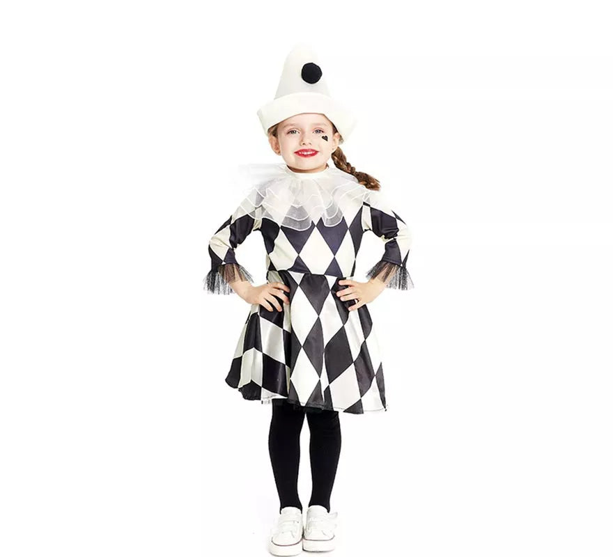 Disfraz de Payasa Pierrot rombos con sombrero para bebé y niña