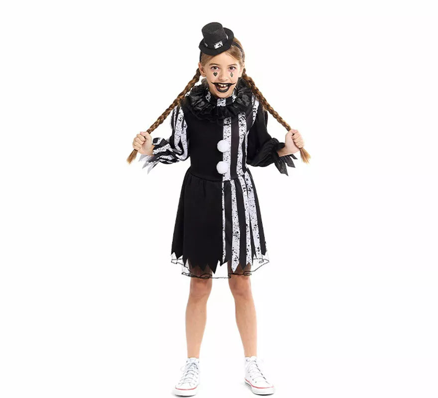 Disfraz de Payasa Terrorífica blanco y negro para niña