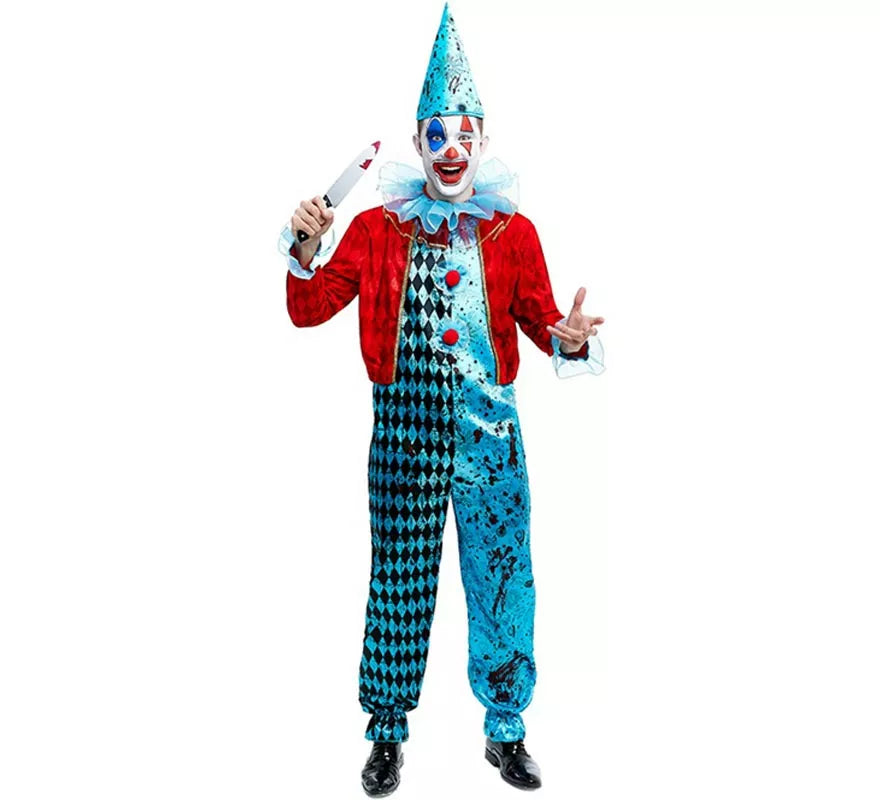 Disfraz de Payaso Maniaco azul y rojo para hombre