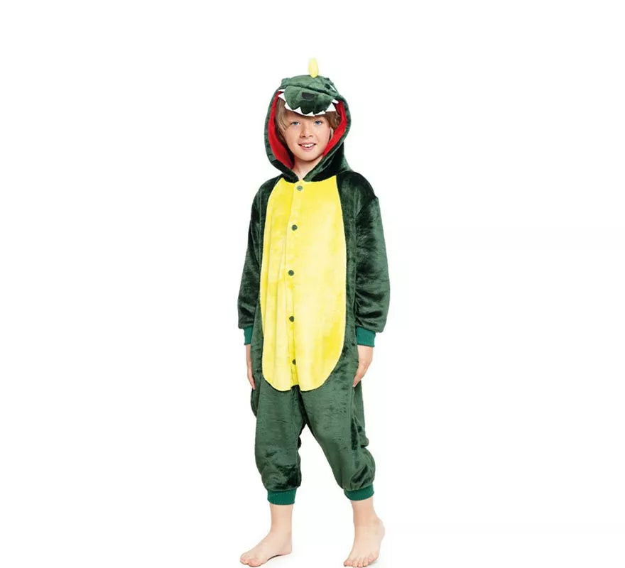 Disfraz de Pijama Dinosaurio verde y amarillo con capucha para niño