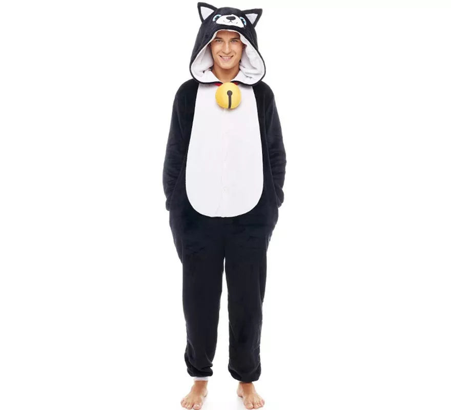 Disfraz de Pijama Gato negro con cascabel para adultos