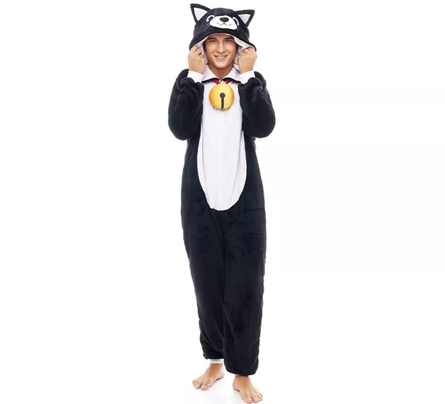 Translation missing: en.Disfraz de Pijama Gato negro con cascabel para adultos