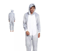 Gray and white shark pajama costume for adults
