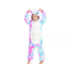 Blue and pink Unicorn Pajama costume with hood for girl