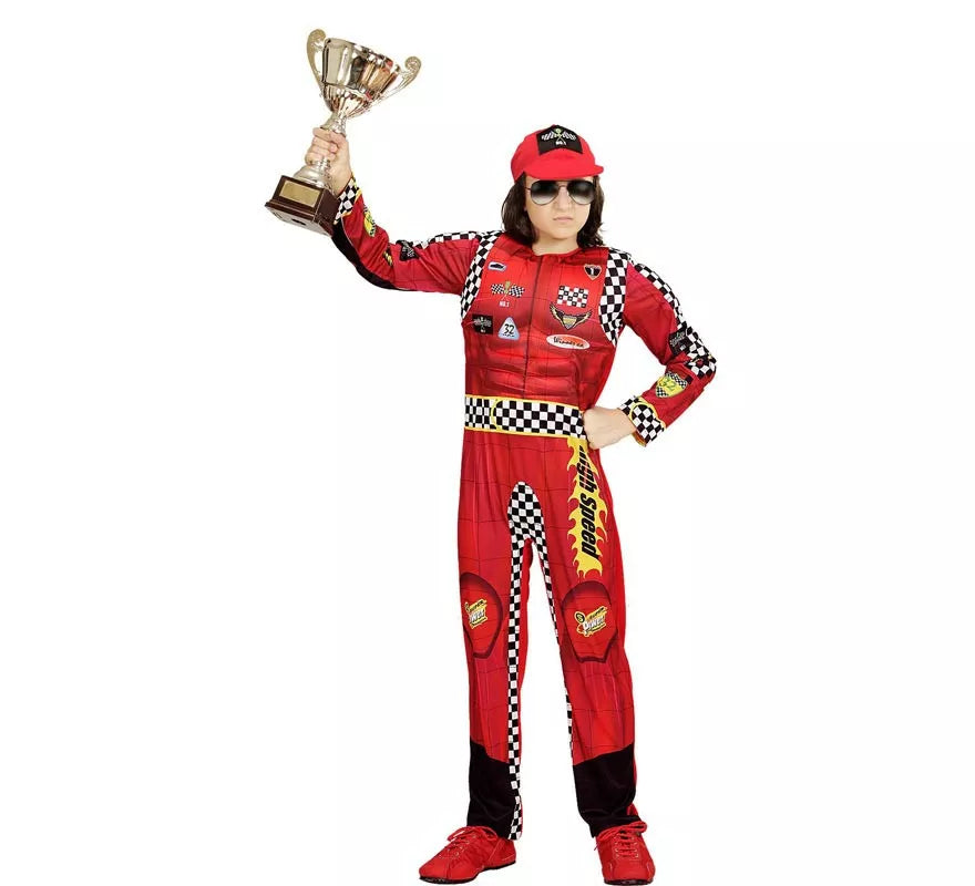 Translation missing: en.Disfraz de Piloto de Formula 1 rojo a cuadros con gorro para niño