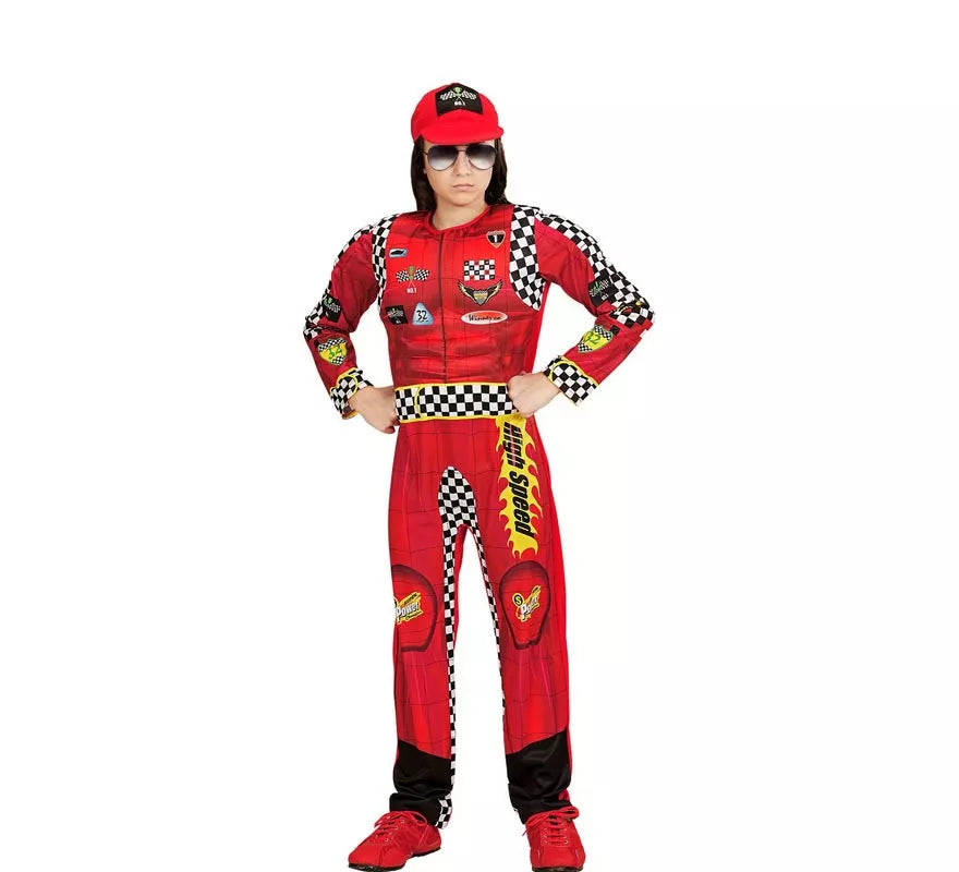 Translation missing: en.Disfraz de Piloto de Formula 1 rojo a cuadros con gorro para niño