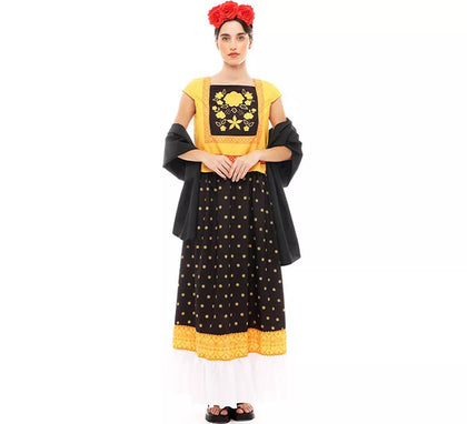 Disfraz de Frida Kahlo amarillo y negro para mujer